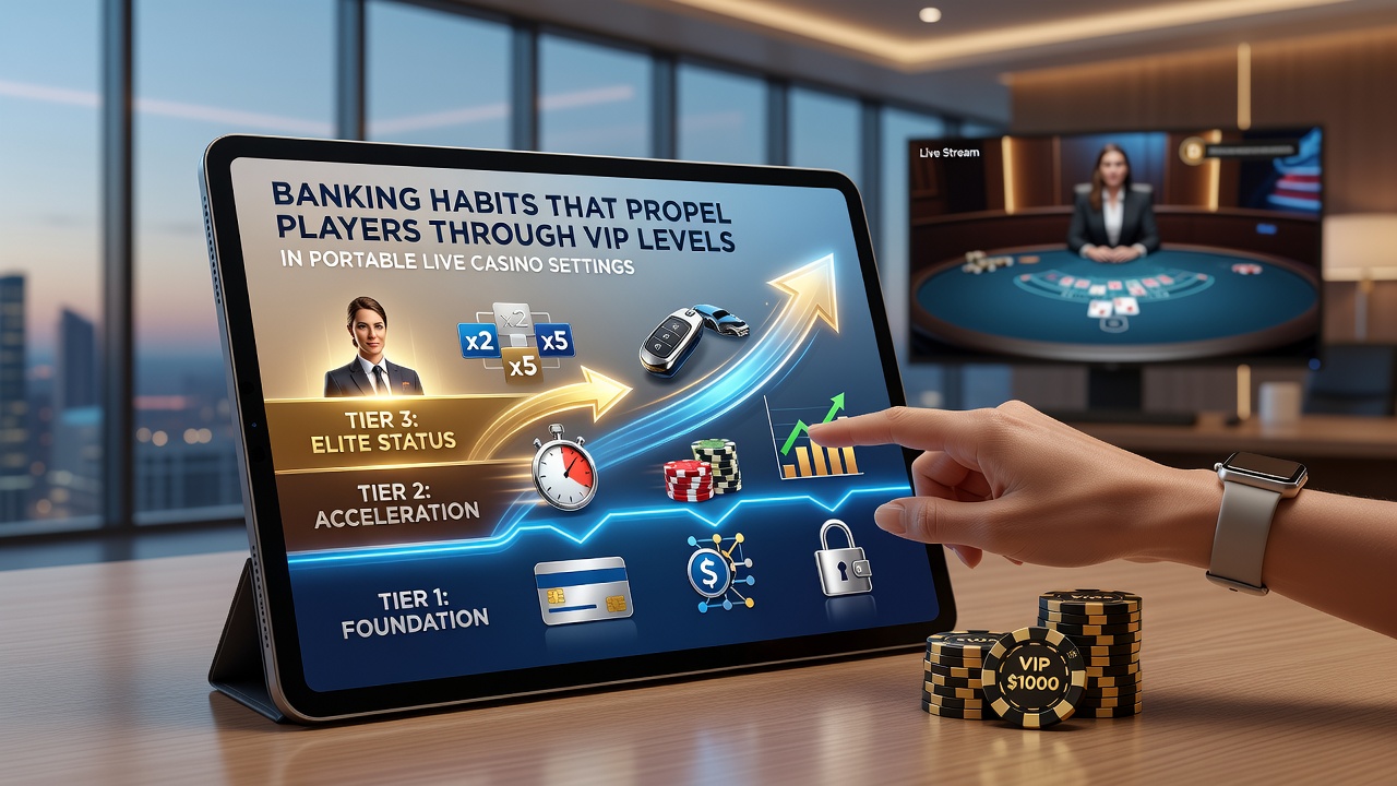 Smartphone displaying live dealer table alongside transaction history and loyalty tier meter