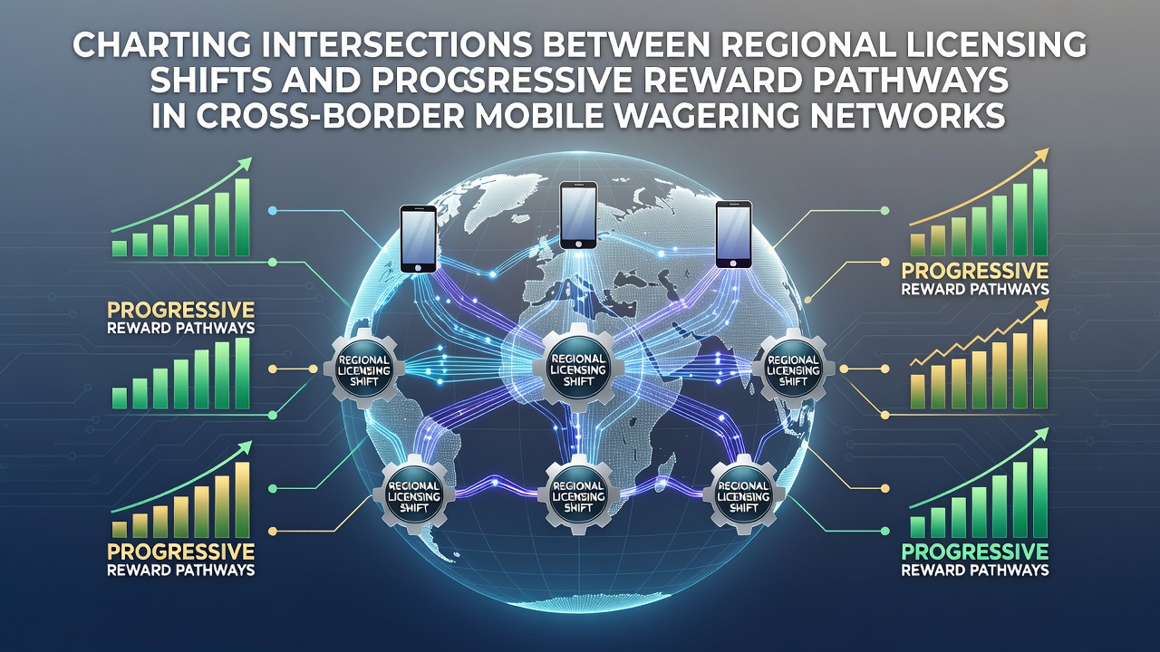 Visual representation of regional licensing maps overlaying mobile wagering interfaces with progressive reward pathways highlighted