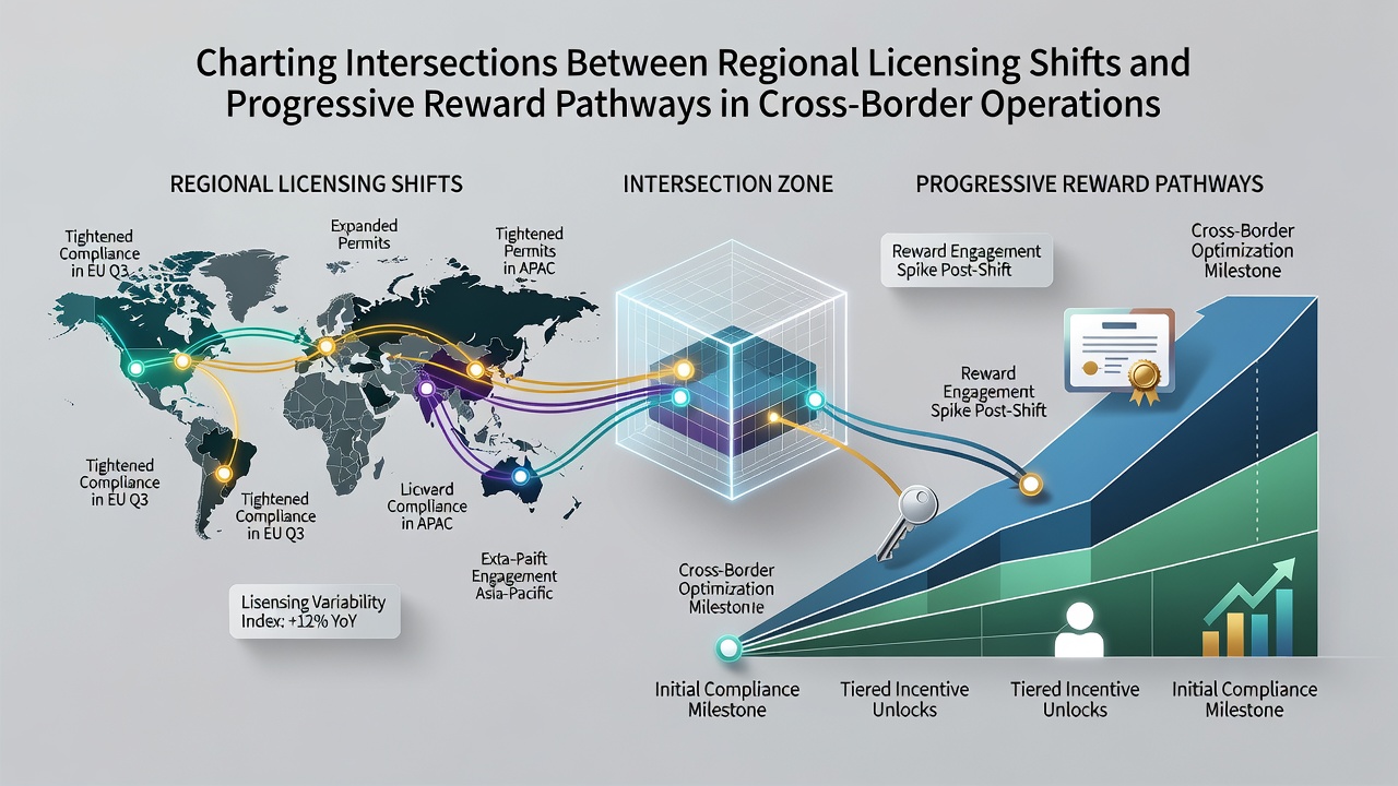 Diagram showing intersections of licensing boundaries and tiered mobile reward pathways in wagering networks