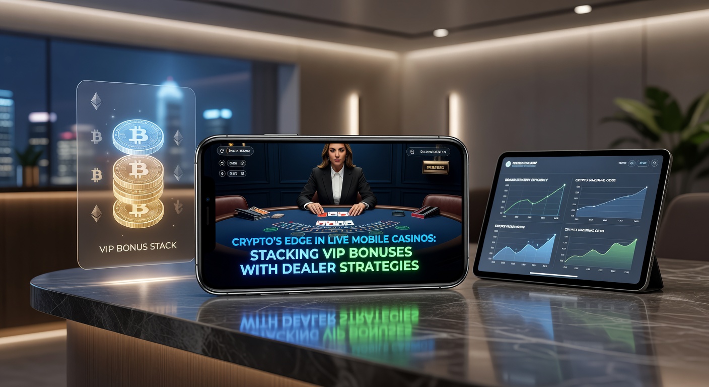 Smartphone displaying a live blackjack table with cryptocurrency wallet interface overlay, highlighting fast deposits and VIP bonus notifications in a mobile casino app