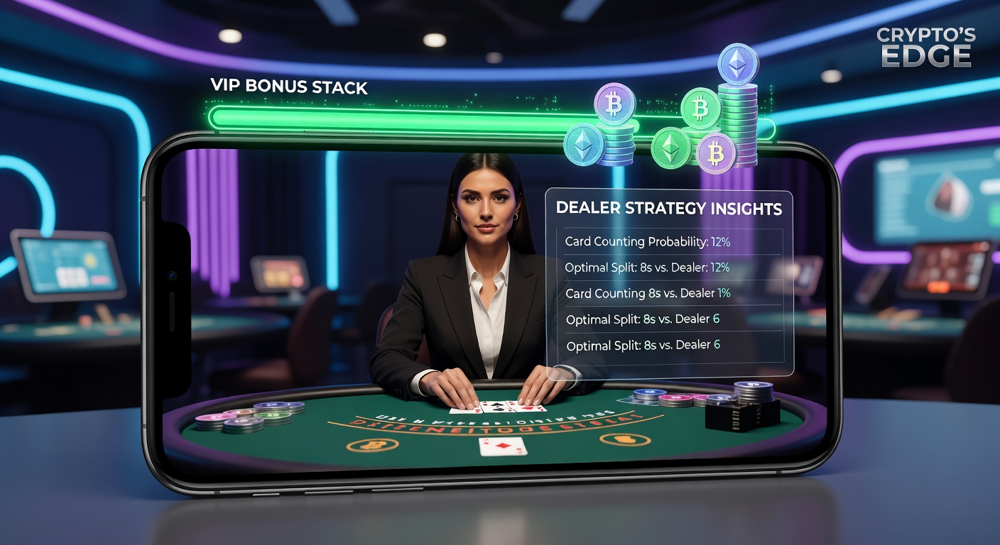 Live dealer at a baccarat table on a mobile screen, with crypto transaction confirmations and stacked VIP bonus icons visible, alongside strategy charts for optimal betting