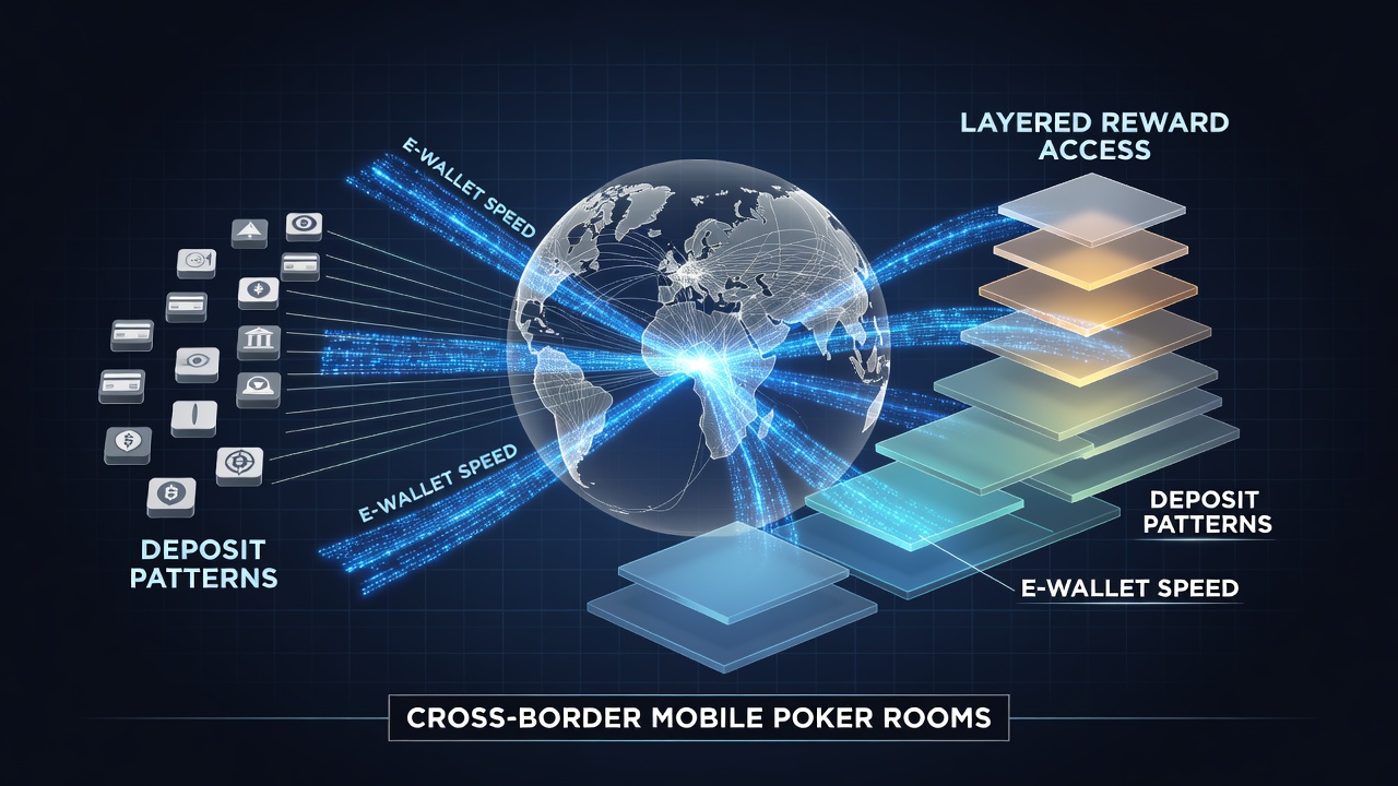 Cross-border mobile poker interface showing layered rewards and e-wallet deposit status indicators