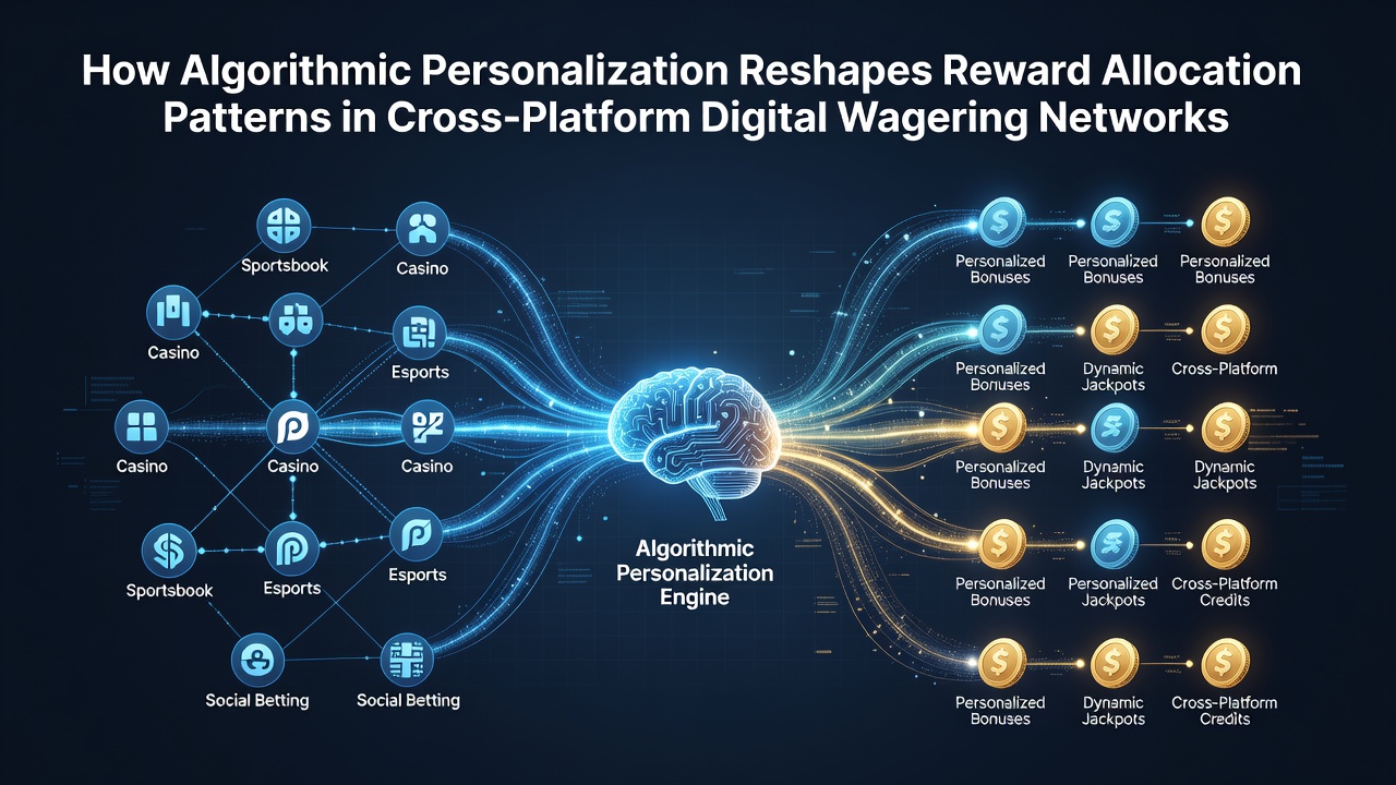 Network diagram showing algorithmic data flows across multiple digital wagering platforms with reward allocation nodes highlighted