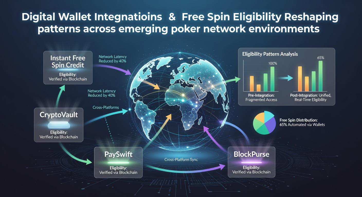 Digital wallet icons connecting to poker network interfaces showing free spin eligibility indicators