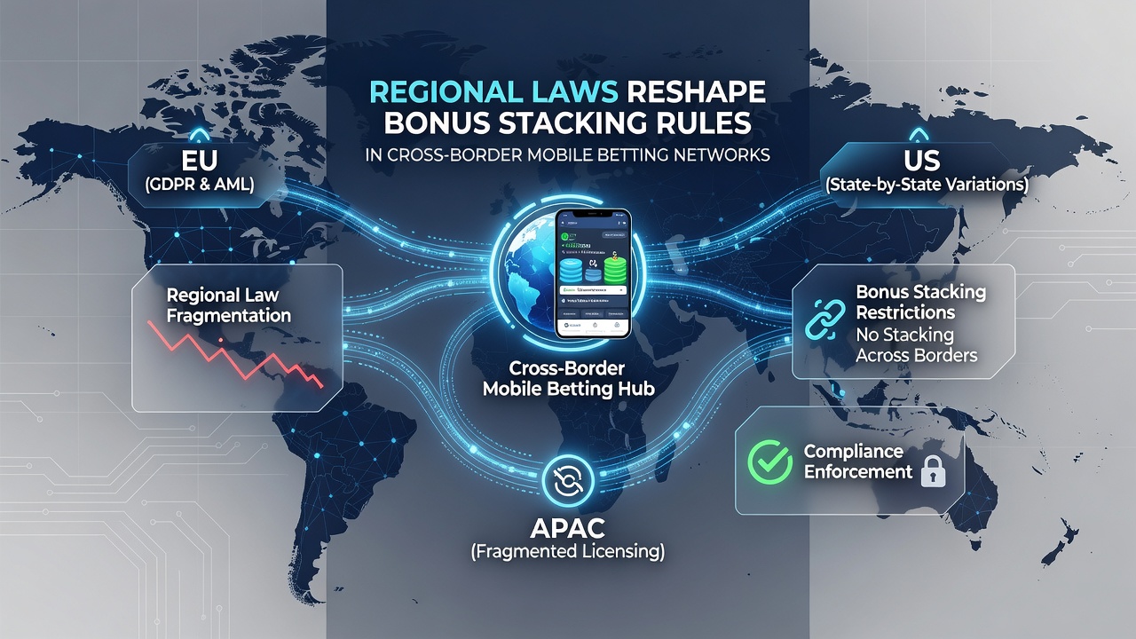 Diagram showing cross-border mobile betting networks and layered bonus adjustments