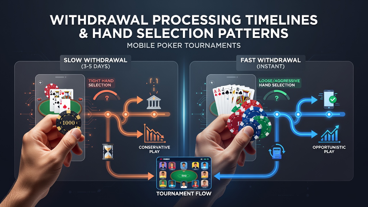 Mobile poker tournament interface showing hand selection options and withdrawal status indicators