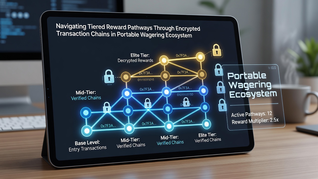 Diagram showing encrypted transaction flow between mobile devices and tiered reward systems in wagering ecosystems
