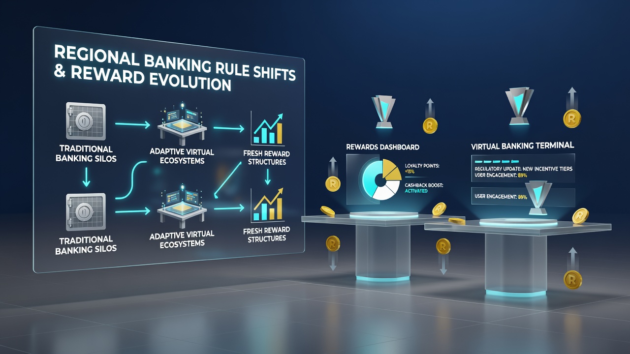 Virtual table platform interfaces displaying updated reward tiers connected to regional banking compliance