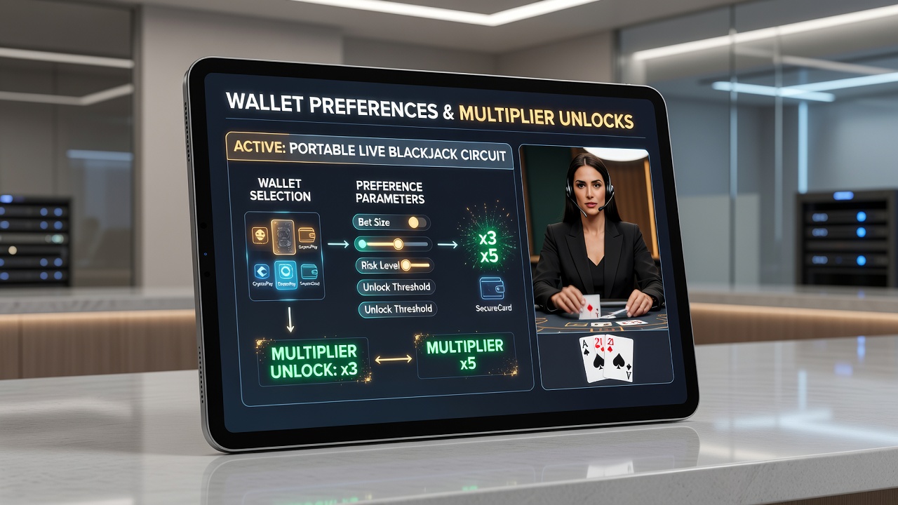Close-up view of a live blackjack table on mobile with wallet selection menu and active multiplier bonuses displayed